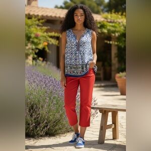 DR2 Red, White and Blue Sleeveless V-Neck Printed Tank with Border